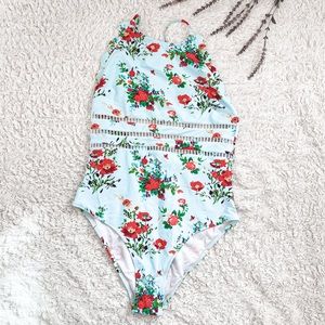 Cupshe Halter Scalloped blue and red floral one piece swimsuit w/ see thru mid